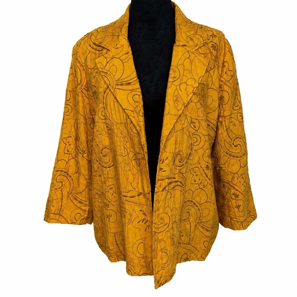 Coldwater Creek Classic L 14-16 Gold Silk Blend Embroidered Blazer Jacket Lined